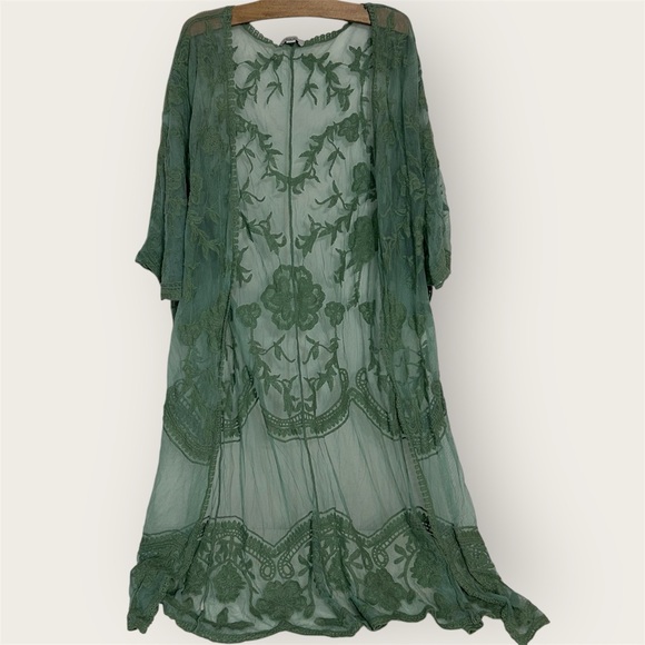 white birch Sweaters - White Birch Sage Green Floral Embroidered Lace Kimono Cardigan - Size M